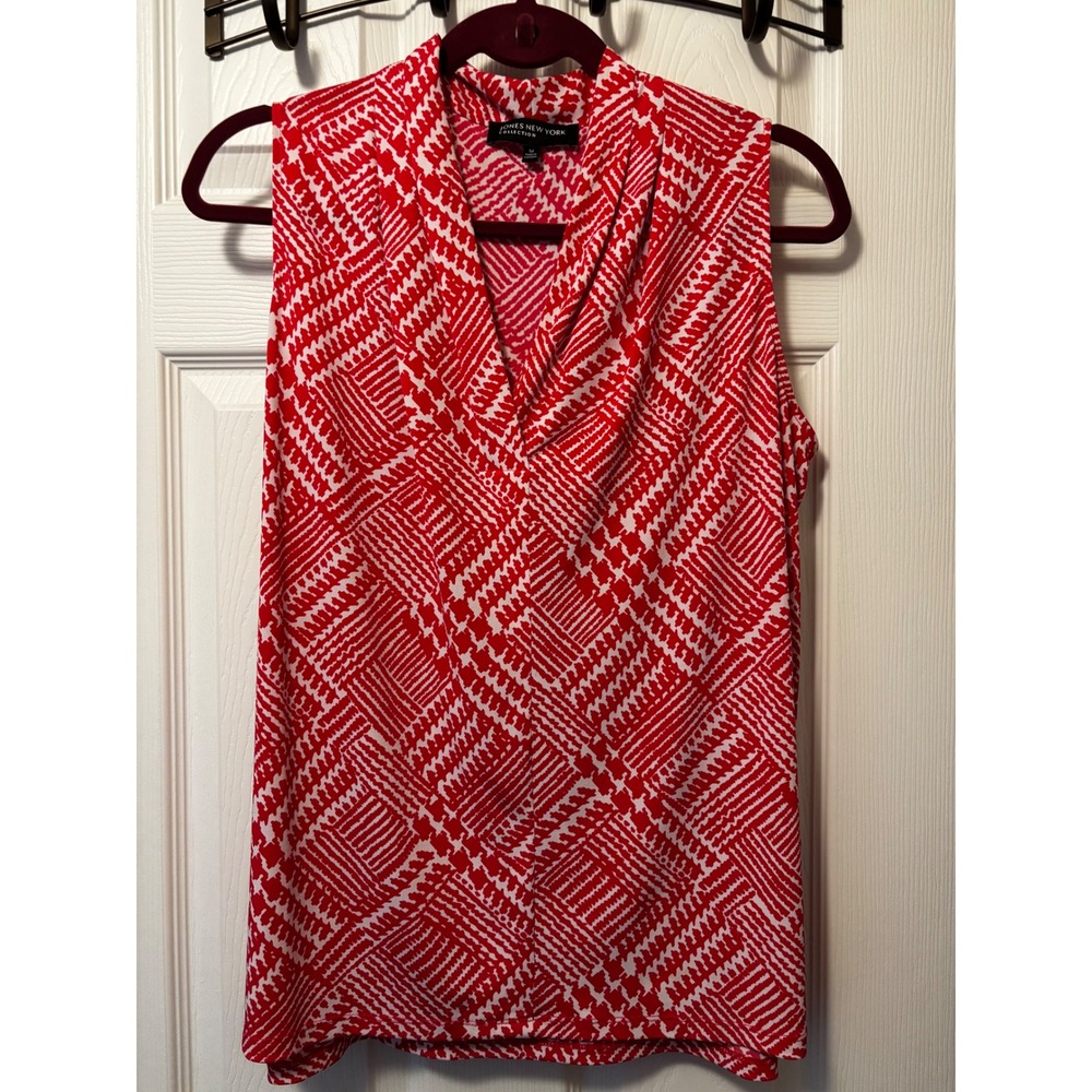 Jones New York Collection Red White Geometric Cowl Neck Sleeveless Blouse Medium